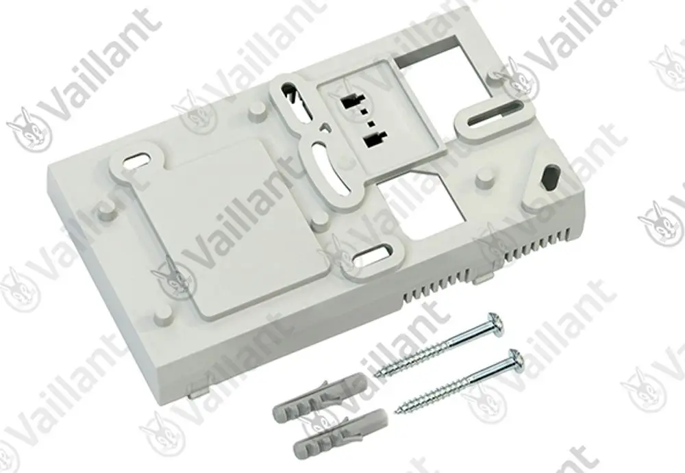 Vaillant Montageplatte in heller Farbe für die Installation, inklusive zwei Schrauben und Dübel, mit Ausschnitten für Anschlüsse und Montagemöglichkeiten.